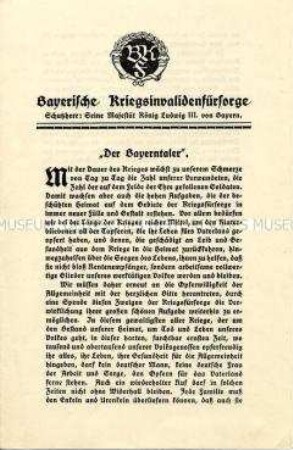 Aufruf zum Erwerb von "Bayerntalern" der Bayerischen Kriegsinvalidenfürsorge