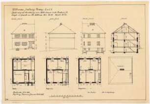 Siedlungsplan der Heimstättengesellschaft Primus Wittenau, Berlin-Reinickendorf: Wohnhaus: Vorderansicht, Rückansicht, Seitenansicht, Schnitt, 4 Grundrisse von Kellergeschoss, Erdgeschoss, Obergeschoss, Bodenraum 1:100