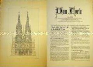 Doppelseitig bedrucktes Werbeplakat für den Erwerb einer Jubiläums-Faksimile-Ausgabe über den Kölner Dom anlässlich seiner Renovierung und baulichen Fertigstellung im Jahr 1880