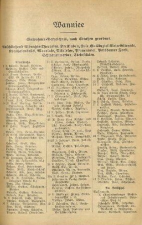 Wannsee. Einwohner-Verzeichnis, nach Straßen geordnet ...