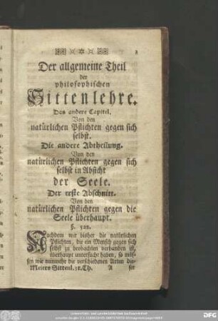 Das andere Capitel. Von den natürlichen Pflichten gegen sich selbst.