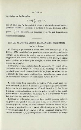 SUR LES TRANSFORMATIONS QUADRATIQUES INVOLUTIVES.