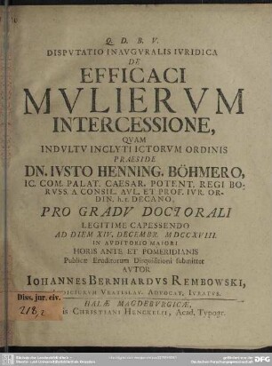 Disputatio Inauguralis Iuridica De Efficaci Mulierum Intercessione