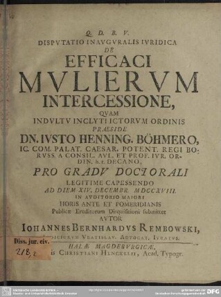 Disputatio Inauguralis Iuridica De Efficaci Mulierum Intercessione