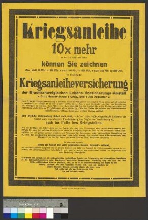 Werbeplakat der Braunschweigischen                                     Lebensversicherungs-Anstalt zum Abschluss einer                                     Kriegsanleiheversicherung