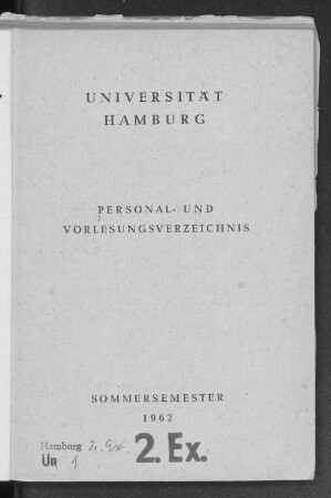 SS 1962: Personal- und Vorlesungsverzeichnis // Hamburgische Universität