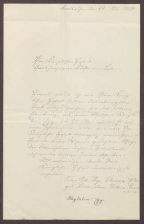 Schreiben von Frau Clevenz an die Großherzogin Luise; Dank für einen silbernen Ehrenkranz