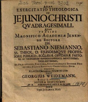 Exercitatio Theologica De Jejunio Christi Qvadragesimali