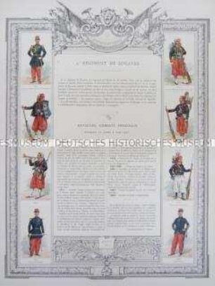 Uniformdarstellung, Uniformen von Soldaten des 4. Zuaven-Regiments und Zeittafel von Schlachten und Belagerungen mit Beteiligung dieses Regiments bzw. seiner Vorläufer, Frankreich, 1870-1884.