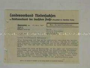 Schreiben des Reichsverbandes der deutschen Presse zur Übersendung der Beitragsmarken - Nachlass