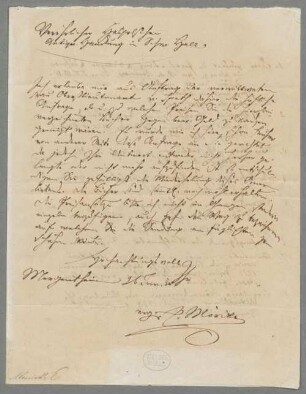 Eduard Mörike (1804 - 1875) Autographen: Briefe von Eduard Mörike an verschiedene Adressaten - BSB Autogr.Cim. Mörike, Eduard, 2. Eduard Mörike (1804 - 1875) Autographen: Brief von Eduard Mörike an die Hasgeltsche Buchhandlung  - BSB Autogr.Cim. Mörike, Eduard.2