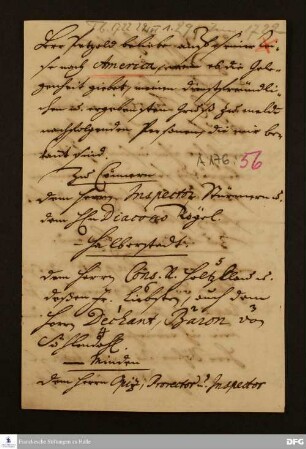 Liste von Personen, die Adam Friedrich Petzold auf seiner Reise nach Amerika grüßen soll, angefertigt von August Hermann Francke.