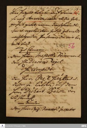 Liste von Personen, die Adam Friedrich Petzold auf seiner Reise nach Amerika grüßen soll, angefertigt von August Hermann Francke.