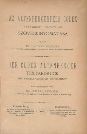 Az Altenbergerféle Codex nagy-szebeni kéziratának szövegkinyomatása