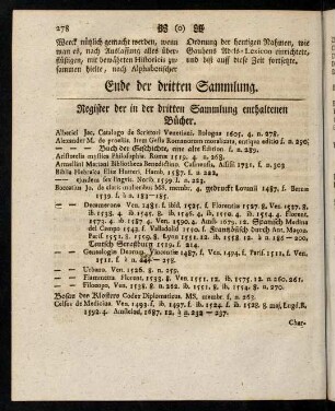 278-280, Register der in der dritten Sammlung enthaltenen Bücher.