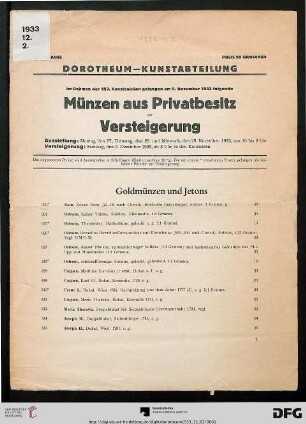 Nr 423: Kunstauktion / Dorotheum: Münzen aus Privatbesitz zur Versteigerung : im Rahmen der 423. Kunstauktion ; Versteigerung: 2. Dezember 1933