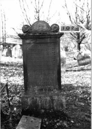 Grabstein 1023 (Index: 99751291) Material: Sandstein Zustand: leicht beschädigt sonst gut Maße HxBxT: 170x63x12 cm Beschreibung: Stele, profiliert. Sockel, Abdeckplatte m. Rundbogenaufsatz m. runden Eckakroteren Symbolik: Blüten: Grabstein 1023