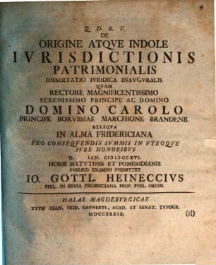 De Origine Atque Indole Iurisdictionis Patrimonialis : Dissertatio Iuridica Inauguralis