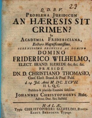 Problema Juridicum An Hæresis Sit Crimen?