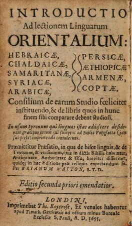 Introductio ad lectionem linguarum orientalium: Hebraicae, Chaldaicae, Samaritanae ...