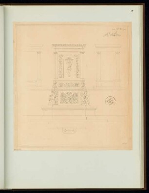 Trinkbrunnen Monatskonkurrenz Juni 1862: Variante (neben MK 30-028 und MK 30-029): Grundriss, Aufriss Vorderansicht, Ansichten von beiden Seiten
