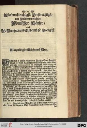 Allerdurchleuchtigst = Großmächtigst = und Unüberwindlichster Römischer Kaeyser / auch zu Hungarn, und Böheimb König