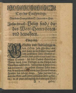 Text der Leichpredigt/ Aus dem Evangelisten S. Luca am II. Cap.
