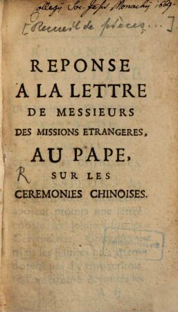 Réponse à la lettre de Messieurs des missions etrangères, au Pape, sur les ceremonies chinoises