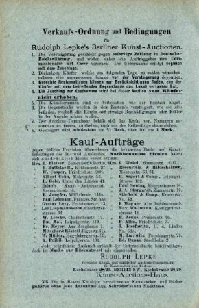 Verkaufs-Ordnung und Bedingungen für Rudolph Lepke's Berliner Kunst-Auctionen