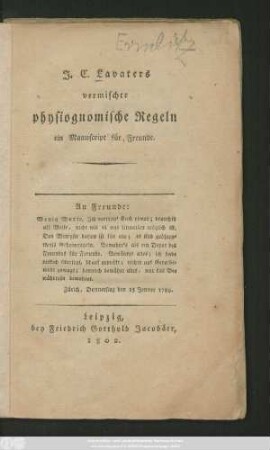 J. C. Lavaters vermischte physiognomische Regeln : ein Manuscript für Freunde