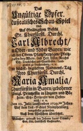 Das ungültige Opfer : Musikal. Schauspiel