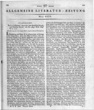 Heffter, A. W.: Beiträge zum deutschen Staats- und Fürstenrecht. Berlin: Reimer 1829 (Fortsetzung der im vorigen Stück abgebrochenen Rezension)