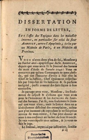 Dissertation en forme de lettre sur les effets des topiques dans les maladies internes