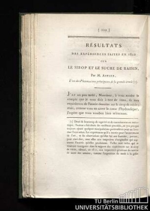 Résultats des expériences faites en 1812 sur le sirop et le sucre de raisin
