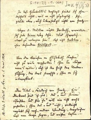 5-10-22-1.0000: Varnhagen von Ense, Karl August, Schriftsteller; diverse Schreiben ff.: Bemerkungen zu dem Buch "Friedrich von Gentz, ein Denkmal"