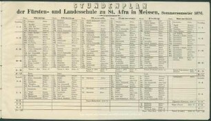 Stundenplan der Fürsten- und Landesschule zu St. Afra in Meissen, Sommersemester 1876