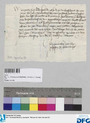 Joerg Frawnberger zum Hag gesessen ye Hohemburgk teilt dem Ruedolfen von Eben und Hannsen Tummen einen Brief der Stadt Nürnberg mit.