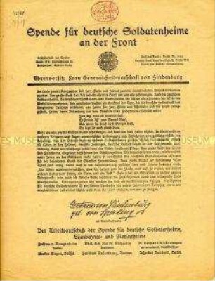 Spende für deutsche Soldatenheime an der Front - Aufruf des Arbeitsausschusses Soldaten-, Eisenbahner- und Marineheime