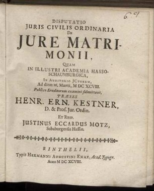 Disputatio Iuris Civilis Ordinaria De Iure Matrimonii