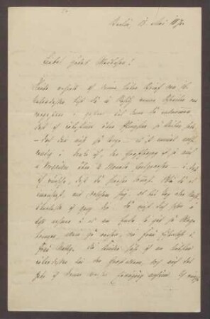 Schreiben von Moritz Ellstätter, Berlin, an seine Frau Marie: - Reisepläne - Kursverfall badischer Papiere - Theater und Oper - Reisepläne [August] Eisenlohrs und [Adolf von] Hansemanns - Privates - Diner mit Gladbecks - Besuch bei Arons - Mitteilung an [Moritz] Frey