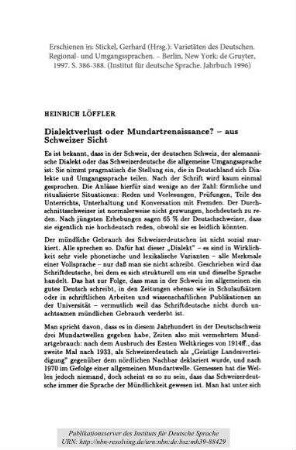 Dialektverlust oder Mundartrenaissance? - aus Schweizer Sicht