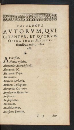 Catalogus Autorum, Qui Citantur, Et Quorum Opera In His Meditationibus auctor usus est.
