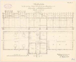 Hafengebäude, Danzig-Neufahrwasser: Schmiede- und Schlosserwerkstatt: Grundriss, Längsschnitt 1:100
