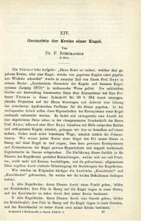 XIV. Geometrie der Kreise einer Kugel.