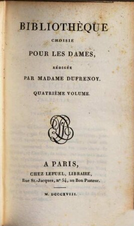 Bibliothèque choisie pour les dames. 4. 1818