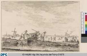 Bauern mit einem Handschlitten am gefrorenen Kanal