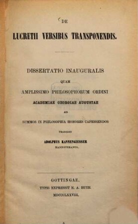 De Lucretii versibus transponendis : (Göttinger Doctordiss.)