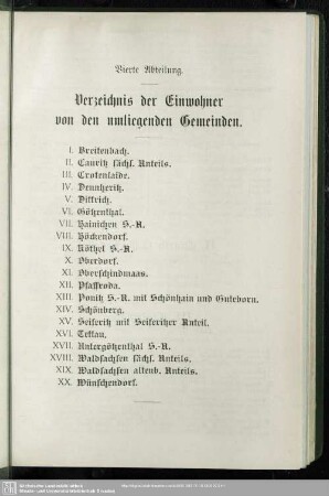 Vierte Abtheilung. Verzeichnis der Einwohner von den umliegenden Gemeinden