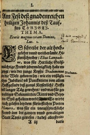 Avreola Martyrvm : Nämblich: Von S. Johanne Gottes Tauffer, Stephano, Laurentio, den Vnschuldige[n] Kindlin, Sebastiano ... = Martyrer Kräntzlein: Das ist Nutzliche, Catholische, einfältige vnd Christenliche Predigen, auff etlicher heiligen Martyrer Fest vnnd Feyertäg geordnet