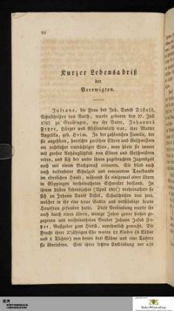 Kurzer Lebensabriß der Verewigten
